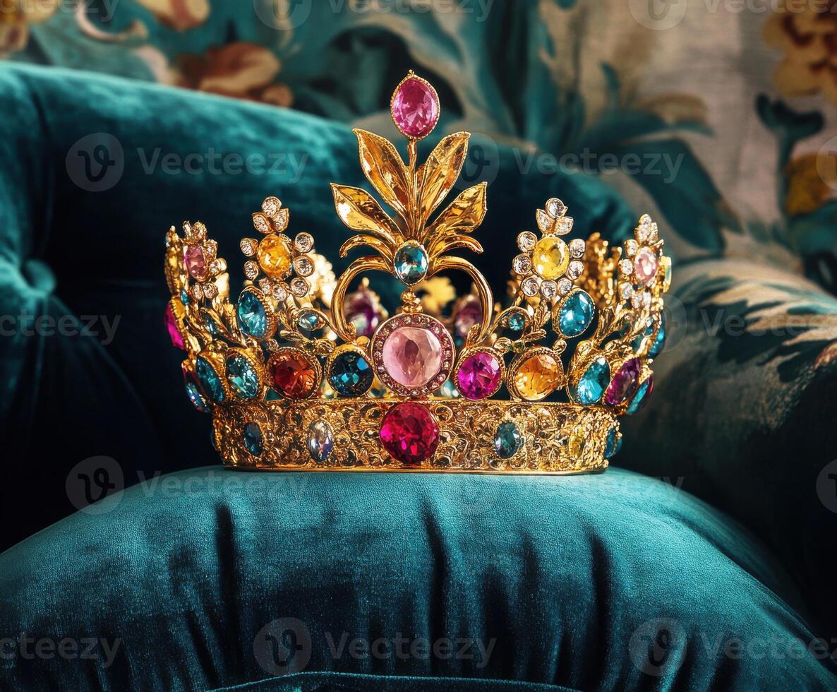 Crown adorned with colorful gemstones rests elegantly on a plush cushion photo