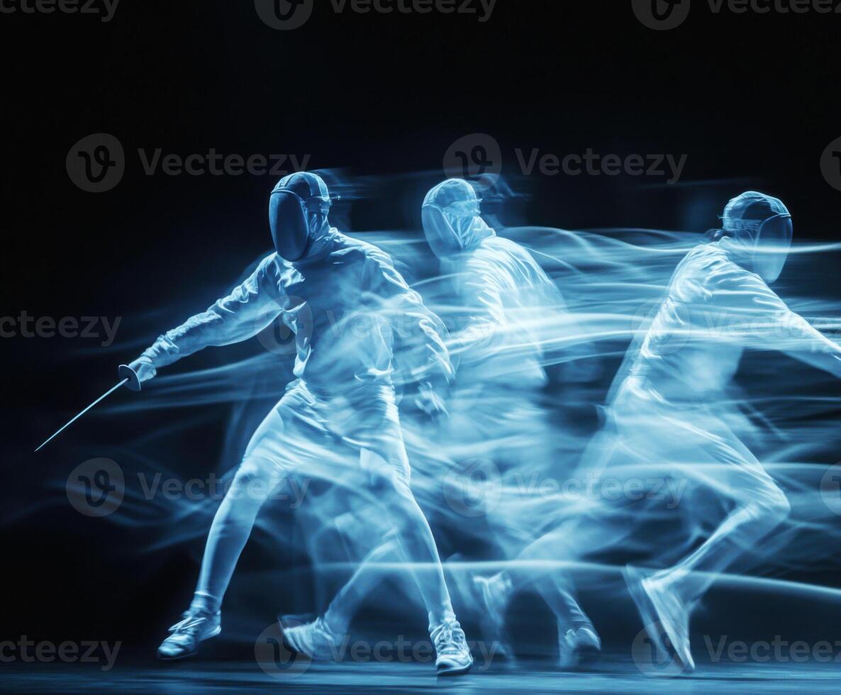 Dynamic fencing action captured with motion blur in a dark setting highlighting speed and agility of athletes photo