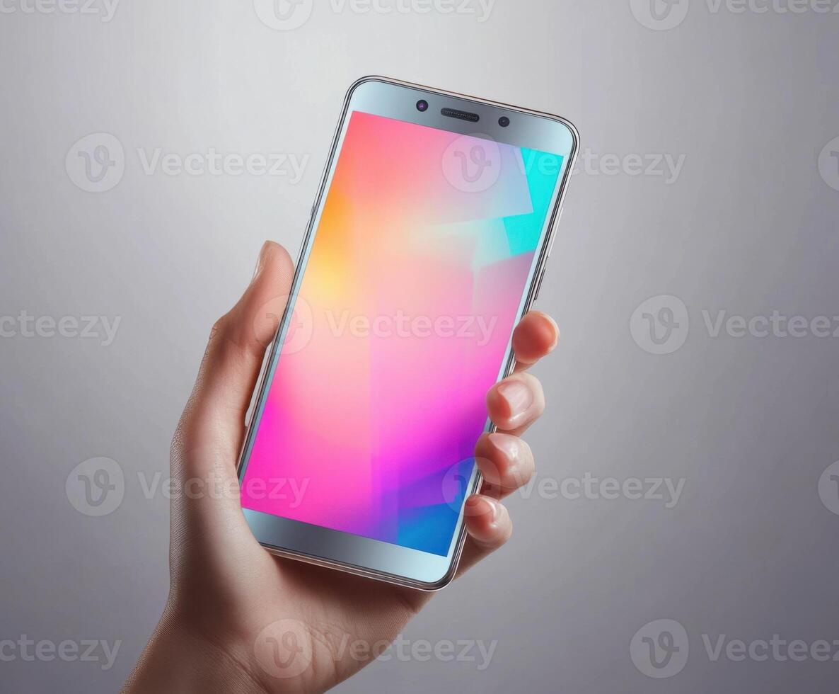 Holding a modern smartphone under soft lighting with a colorful abstract display photo