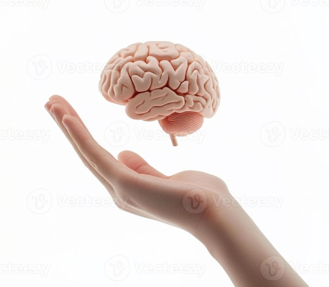Human hand holding a floating brain in an artistic representation of intelligence and cognition photo