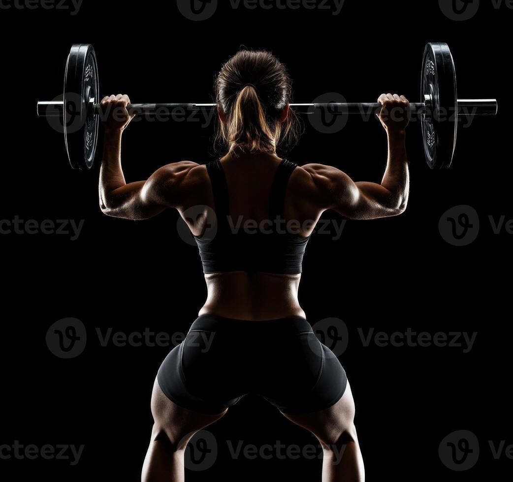 Strong woman lifting barbell in gym at night highlighting fitness and determination photo