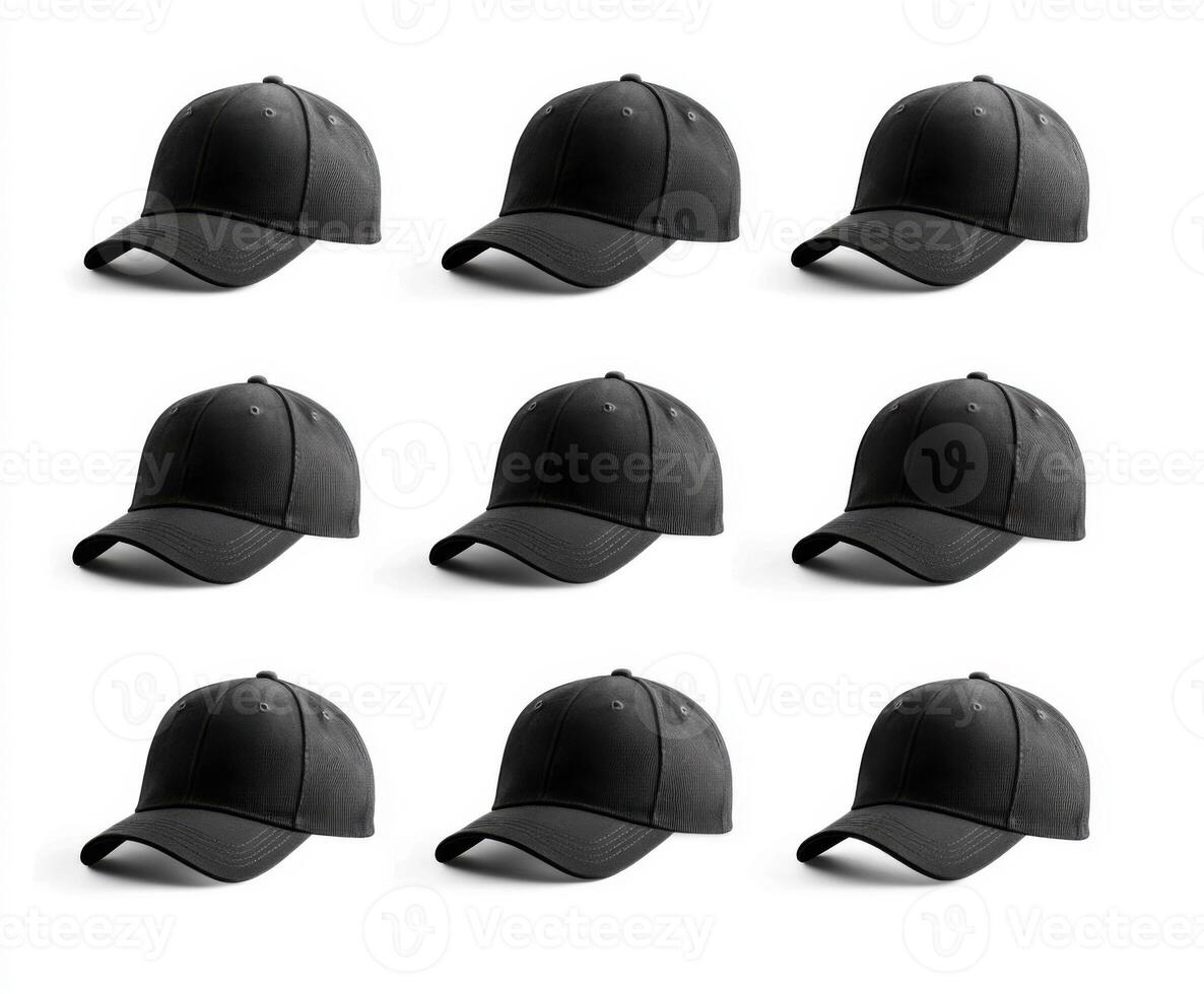 Multiple black caps arranged neatly in a grid pattern on a white background, showcasing a simple and classic design ideal for various occasions photo