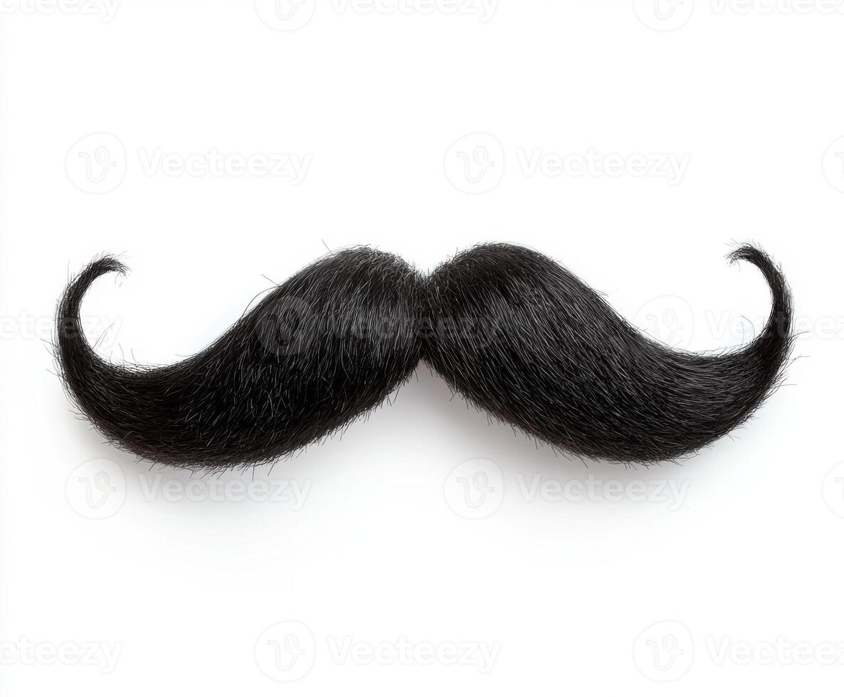 Unique black mustache with striking curls displayed on a white background ideal for creative projects or costume design photo