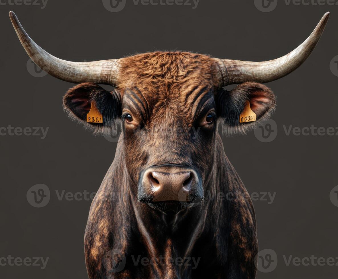 Close-up of a brown bull with prominent horns and tagged ears against a dark background photo