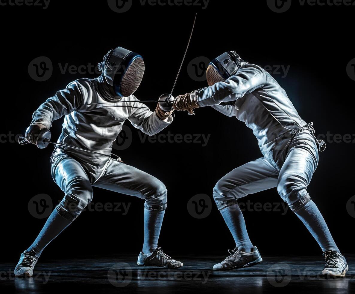 Two fencers engage in an intense duel during a night match in a dimly lit arena showcasing their skills and focus photo