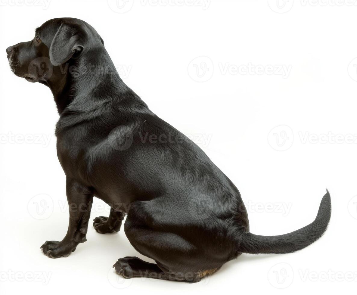 Black Labrador sitting calmly against a plain background in a relaxed posture with tail gently curved photo