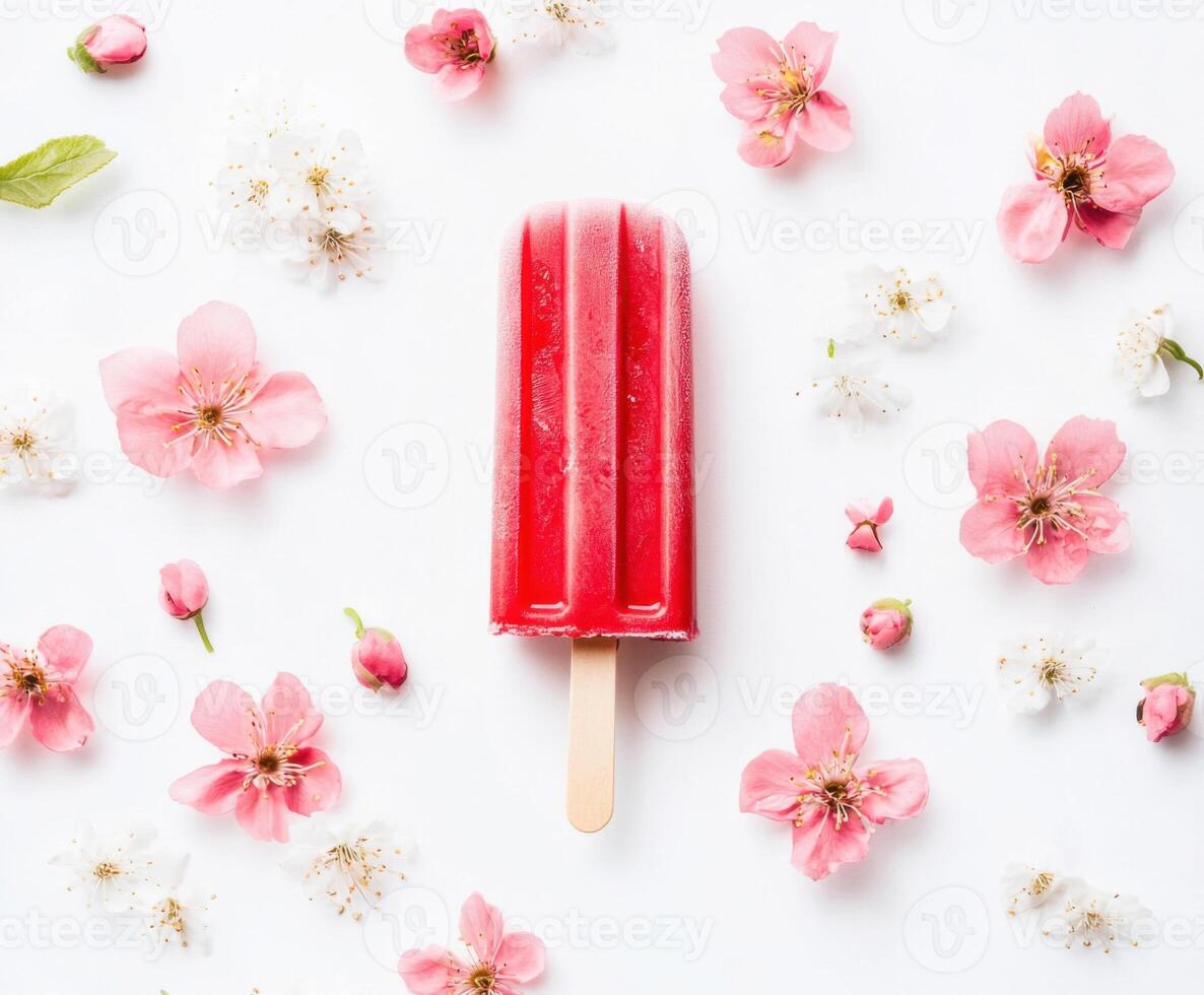 Colorful popsicle surrounded by pink flowers on a white background in a bright indoor setting photo