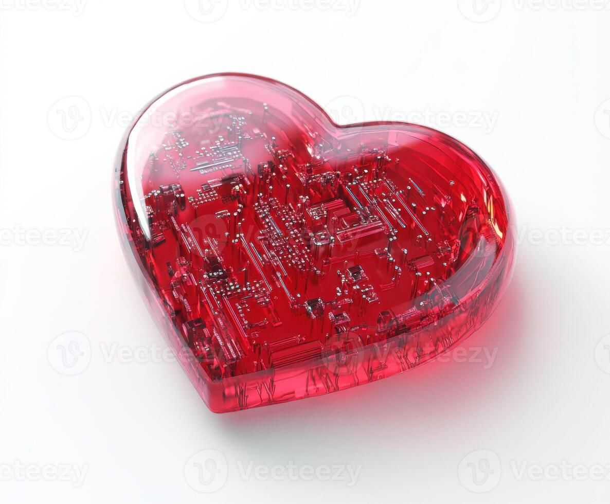 Heart-shaped object with intricate circuit designs showcasing the fusion of technology and emotion in an artistic representation photo
