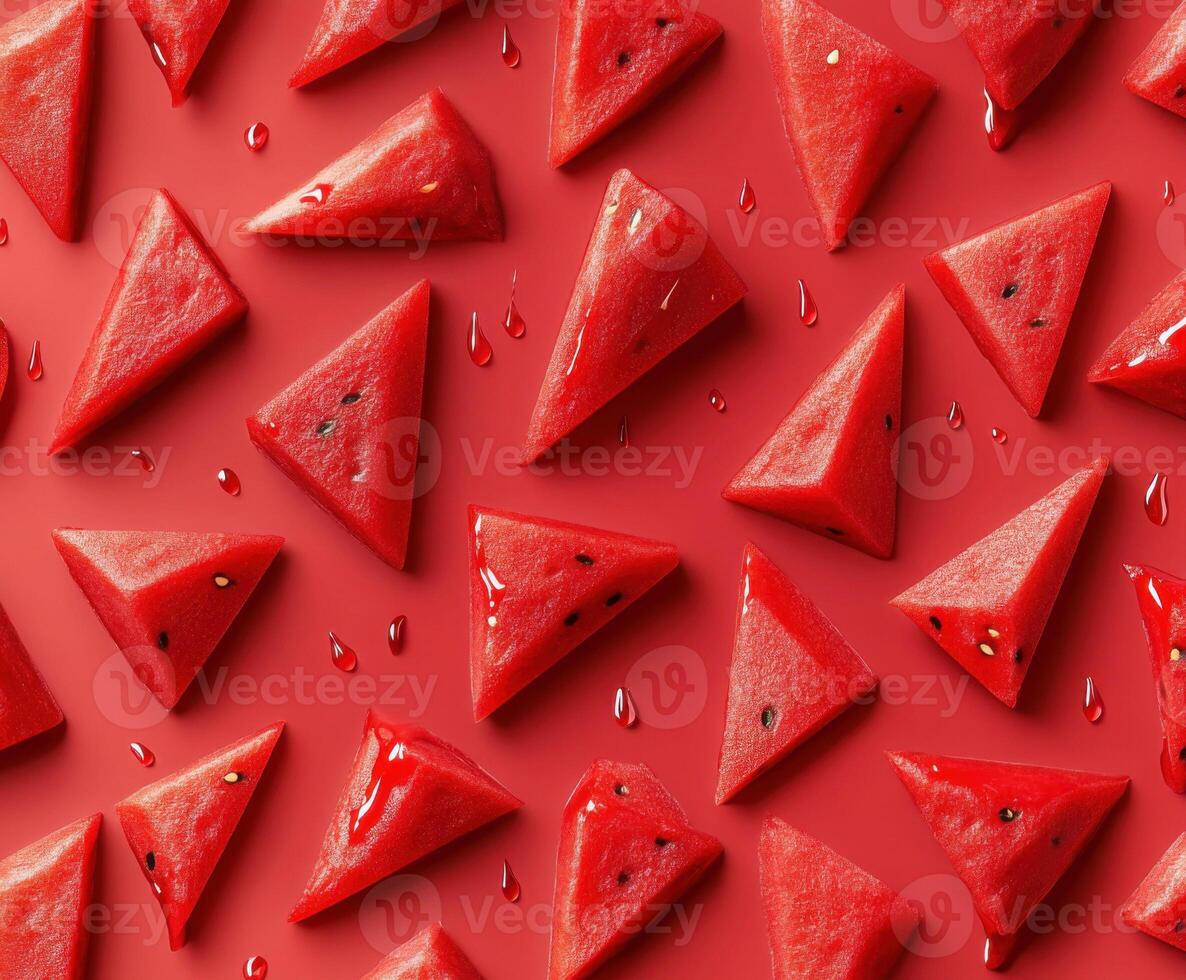 Colorful display of triangular watermelon slices on a vibrant red background in a fresh summer arrangement photo