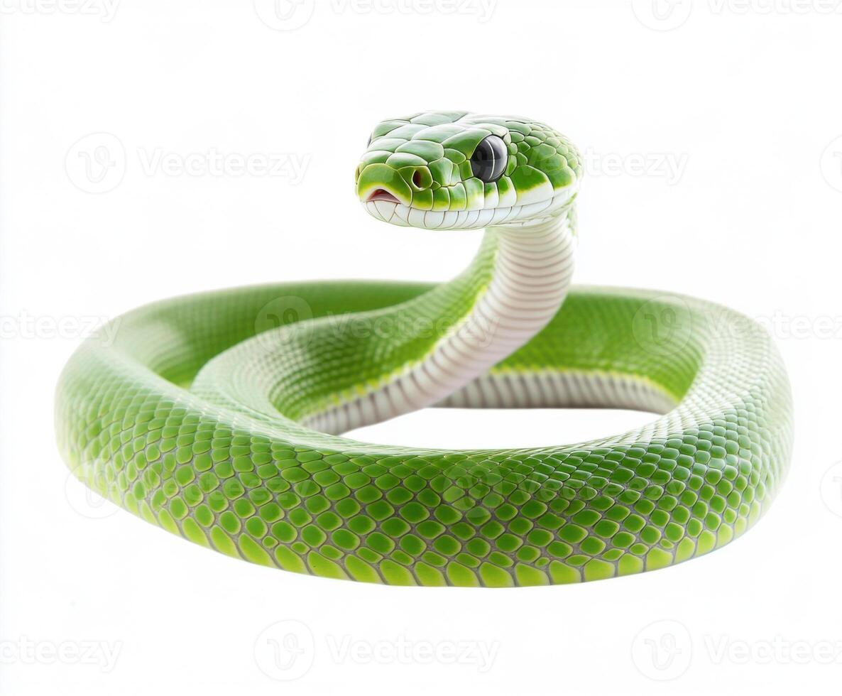 Green snake coiled gracefully against a plain background highlighting its vibrant color and intricate scale pattern photo