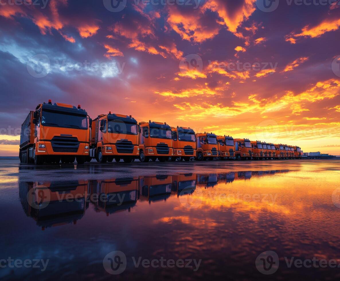 Bright orange trucks lined up against a stunning sunset with vibrant clouds reflecting in puddles photo