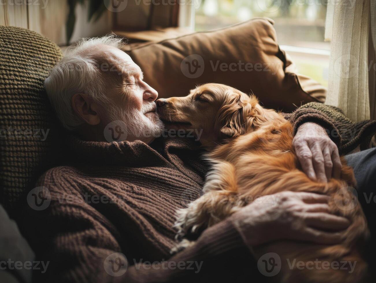 Elderly man enjoys warm moment with golden retriever on cozy couch during a peaceful afternoon photo
