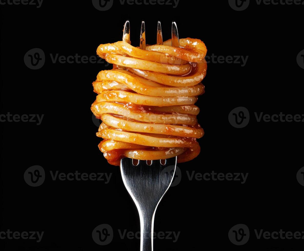 Delicious fork holding a perfectly twirled portion of spaghetti coated in savory sauce photo