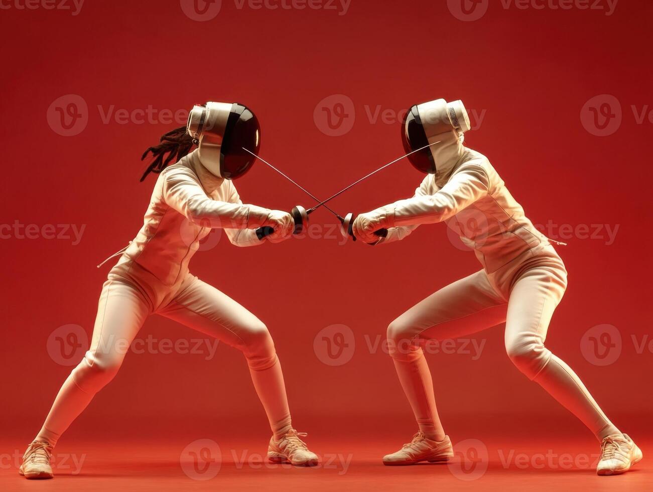 Two fencers in action during a competitive match against a vibrant red background photo