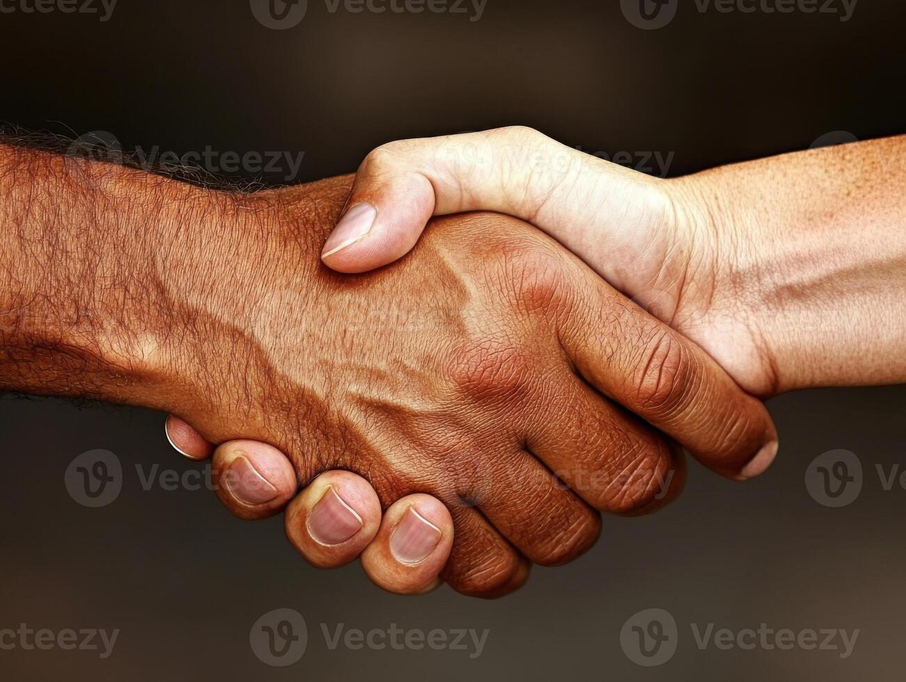Handshake symbolizes unity and cooperation between individuals of different backgrounds in a diverse community setting photo