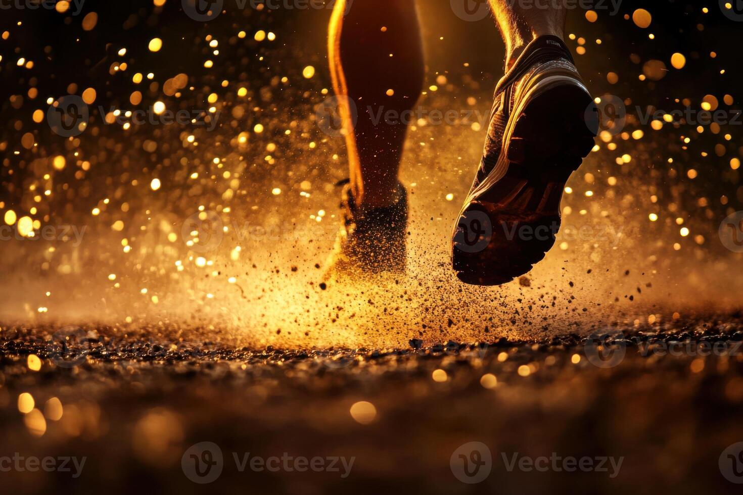 Running through puddles at sunset creates a vibrant splash of water and light in a peaceful outdoor setting photo