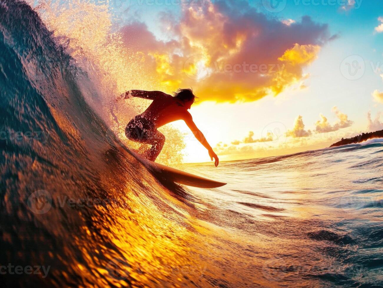 Surfer riding a vibrant wave at sunset in a tropical location photo
