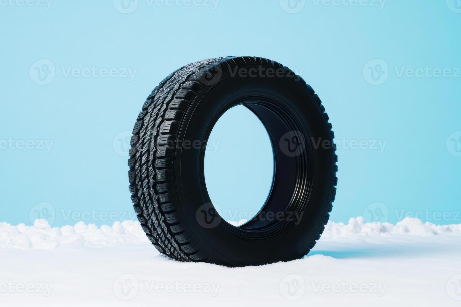 Tire stands alone against a pastel background with snow-like texture highlighting its design and quality photo