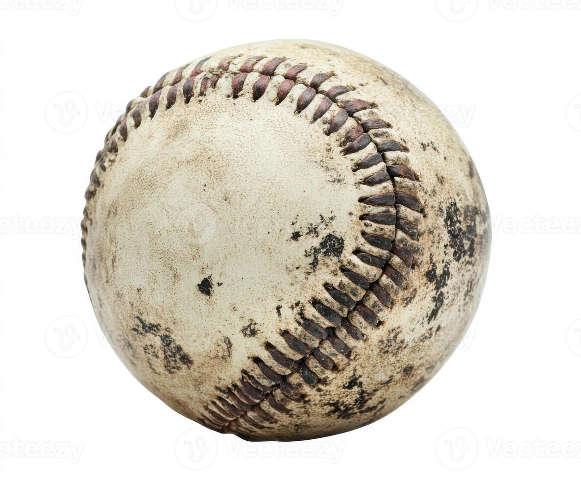 Worn baseball resting under sunlight, showcasing weathered texture and well-used stitching details photo