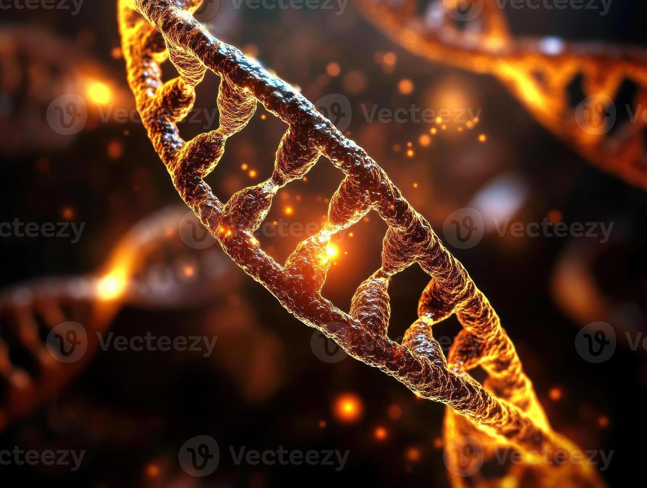 Complex structure of a DNA molecule illuminated with golden light in a scientific abstract background photo