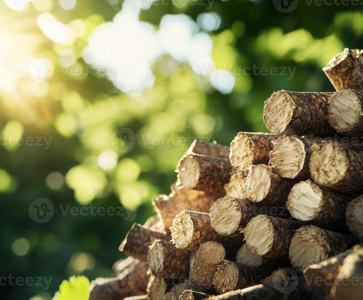 Stack of firewood illuminated by sunlight in a vibrant green forest setting during early evening photo