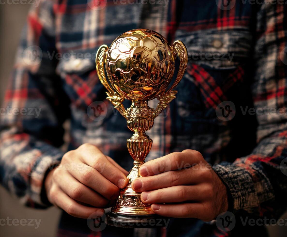 Celebration of achievement as a person holds a golden soccer trophy in a cozy indoor setting photo