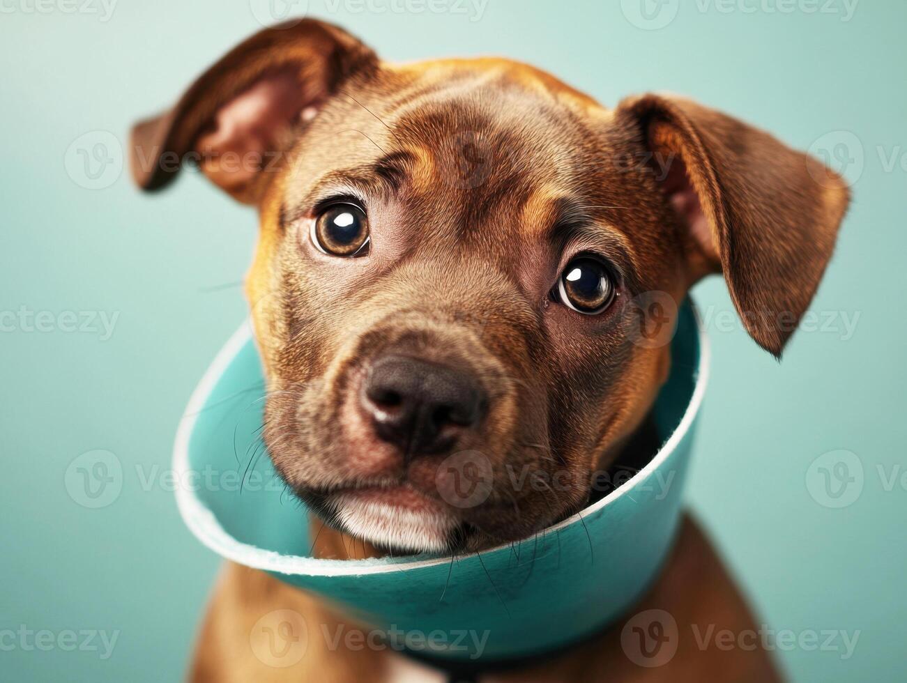 Curious puppy wearing a protective collar poses against a blue background, showcasing its playful expression and large eyes photo