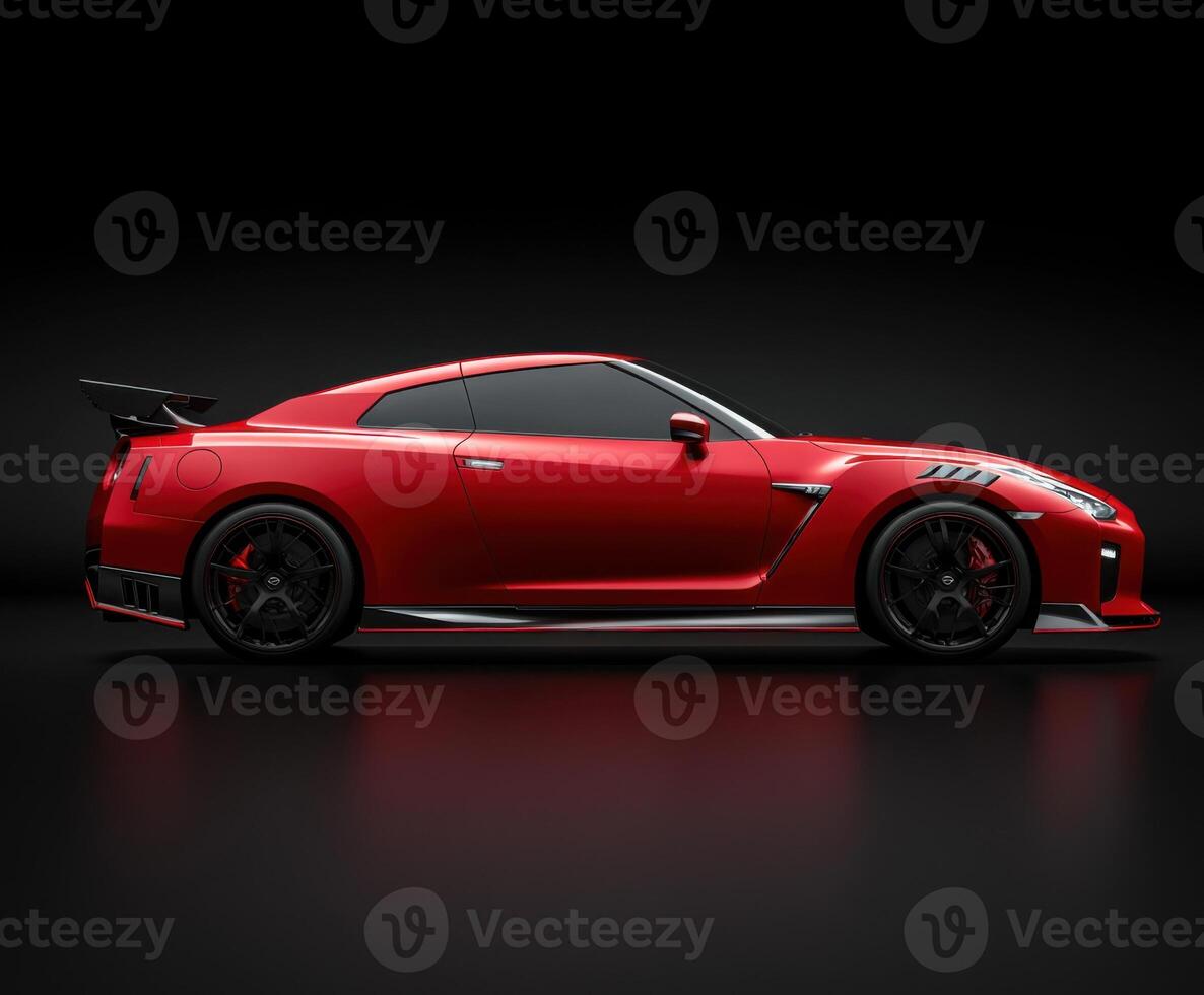 Powerful red sports car showcased against a black background highlighting its sleek design and performance features photo
