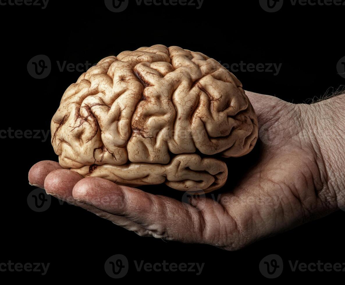 Hand holding a realistic model of a human brain against a dark background for scientific demonstration photo