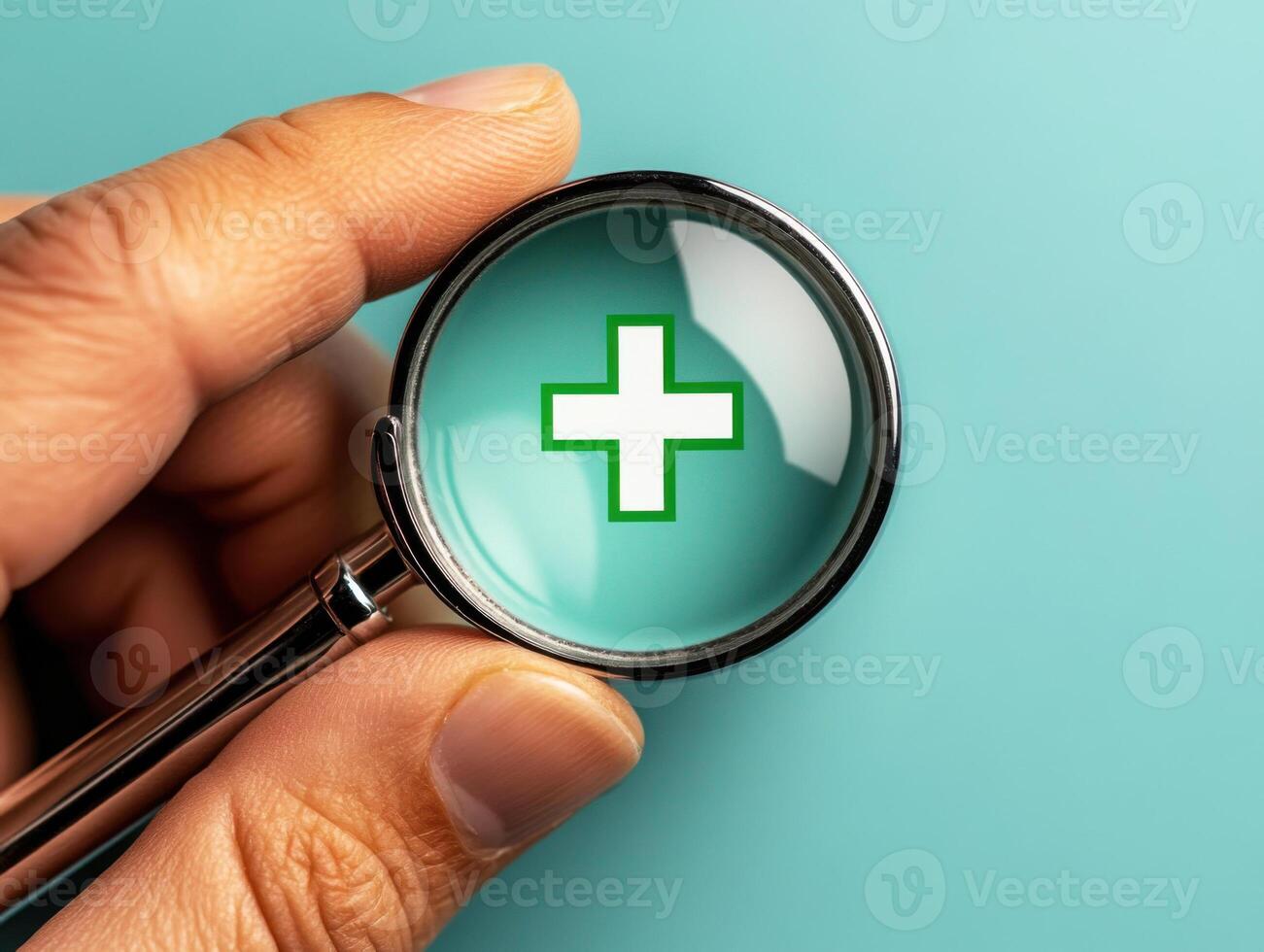 Hand holding magnifying glass with a medical cross symbol over a blue background representing health and wellness photo