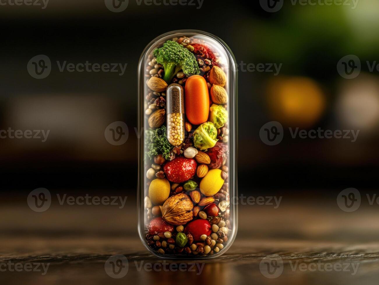 Colorful capsule filled with various vegetables and nuts on wooden surface photo