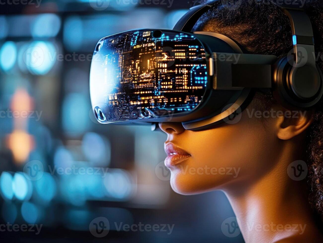 Engaging in virtual reality exploration with advanced headset in a futuristic environment photo