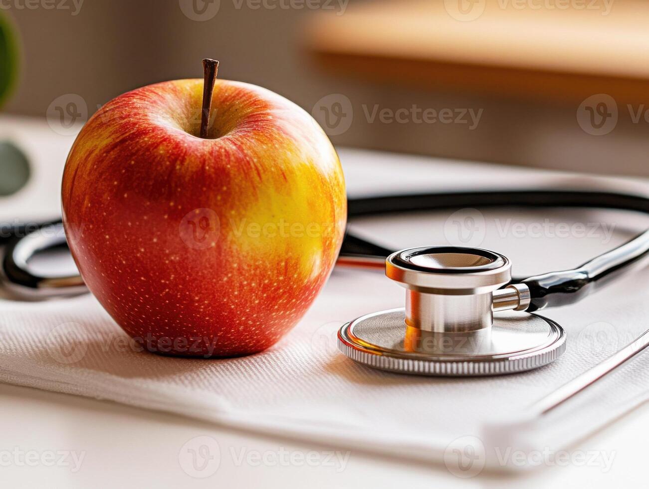 Health symbol of an apple next to a stethoscope on a clean countertop in a bright room photo