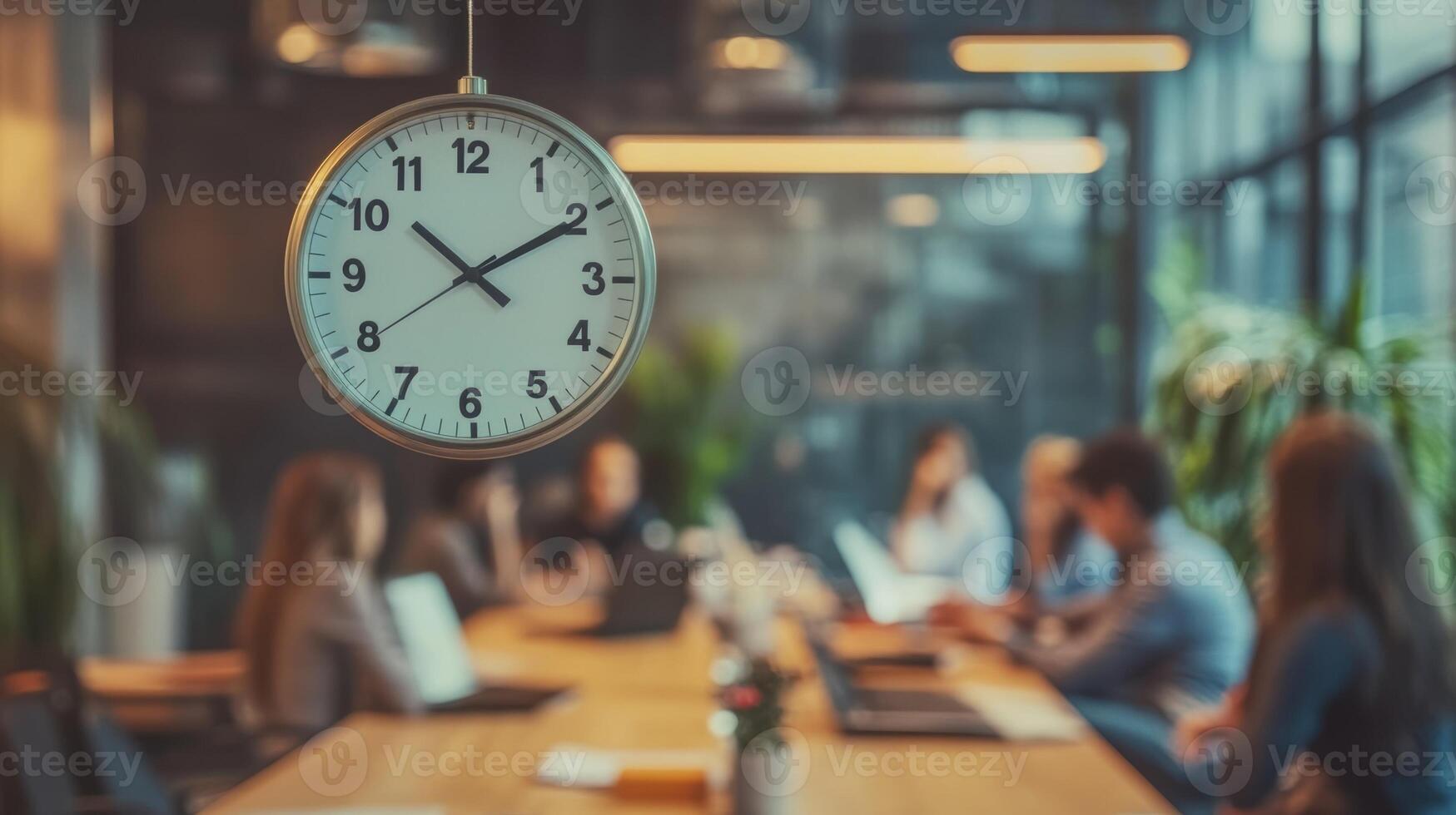 An image focusing on a clock on the wall signifying the importance of time management in leadership surrounded by an active group discussion taking place in the background photo