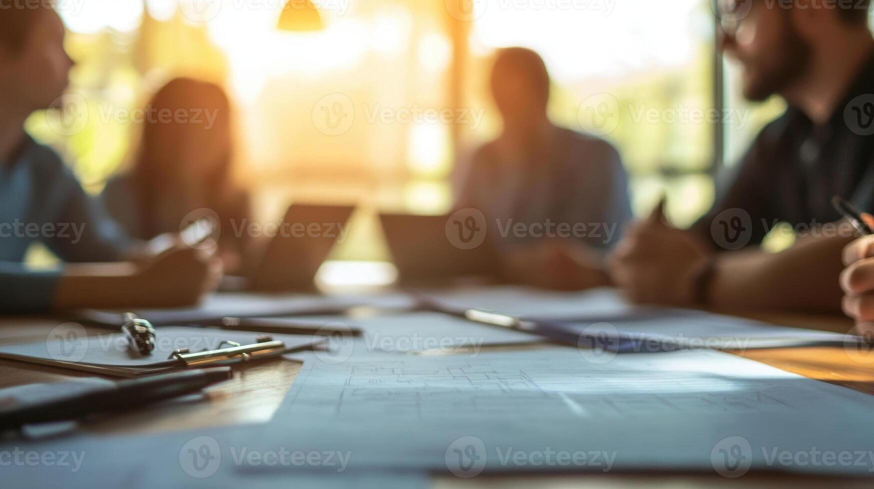 An intimate view of a team meeting in a factory setting with blueprints spread out on a table where engineers and managers discuss strategies for reducing supply chain vulnerabilities photo