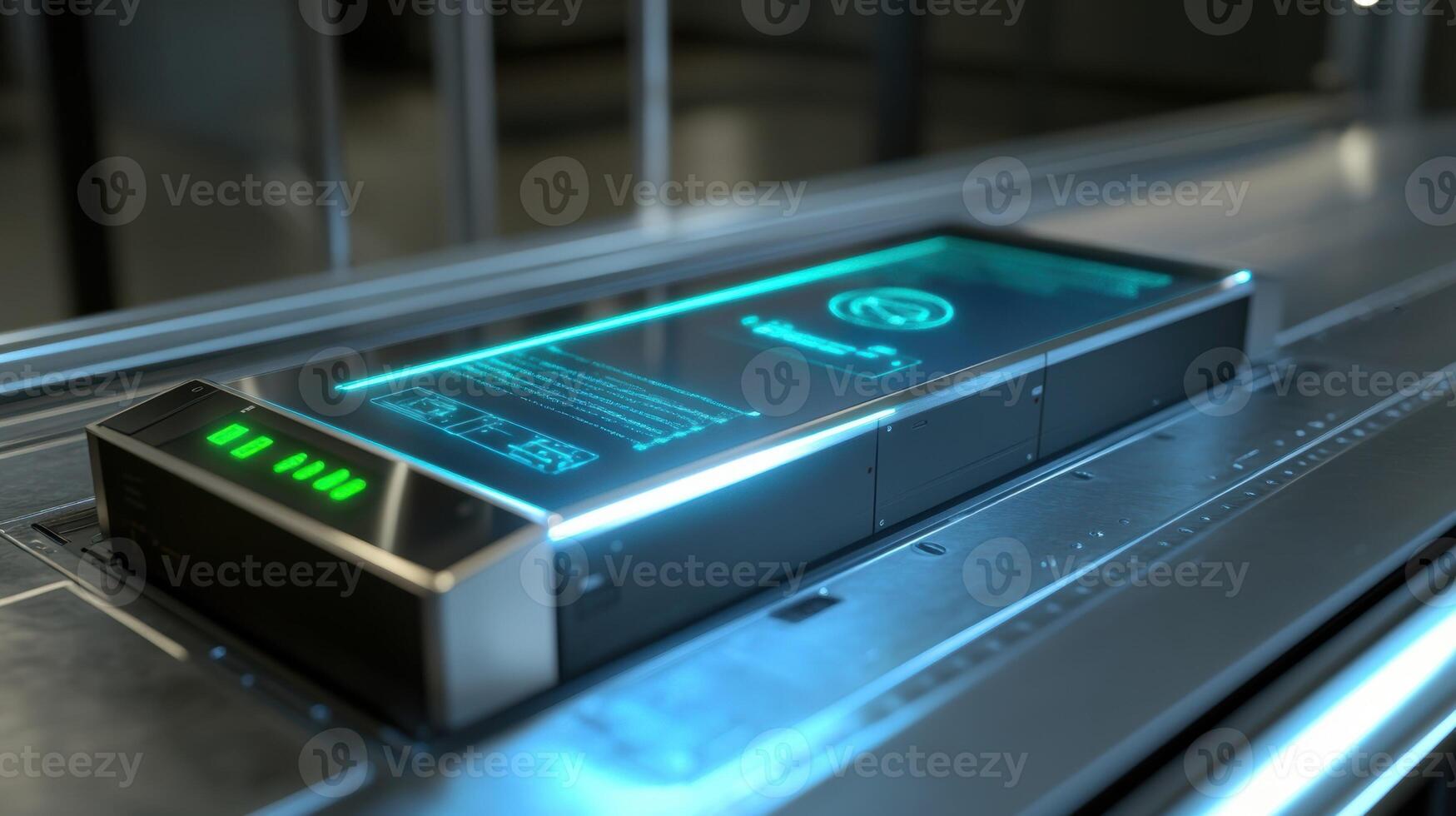 A compact edge computing solution resting on the control panel of a packaging machine with touchsensitive screens displaying operational metrics as the machine functions smoothly photo