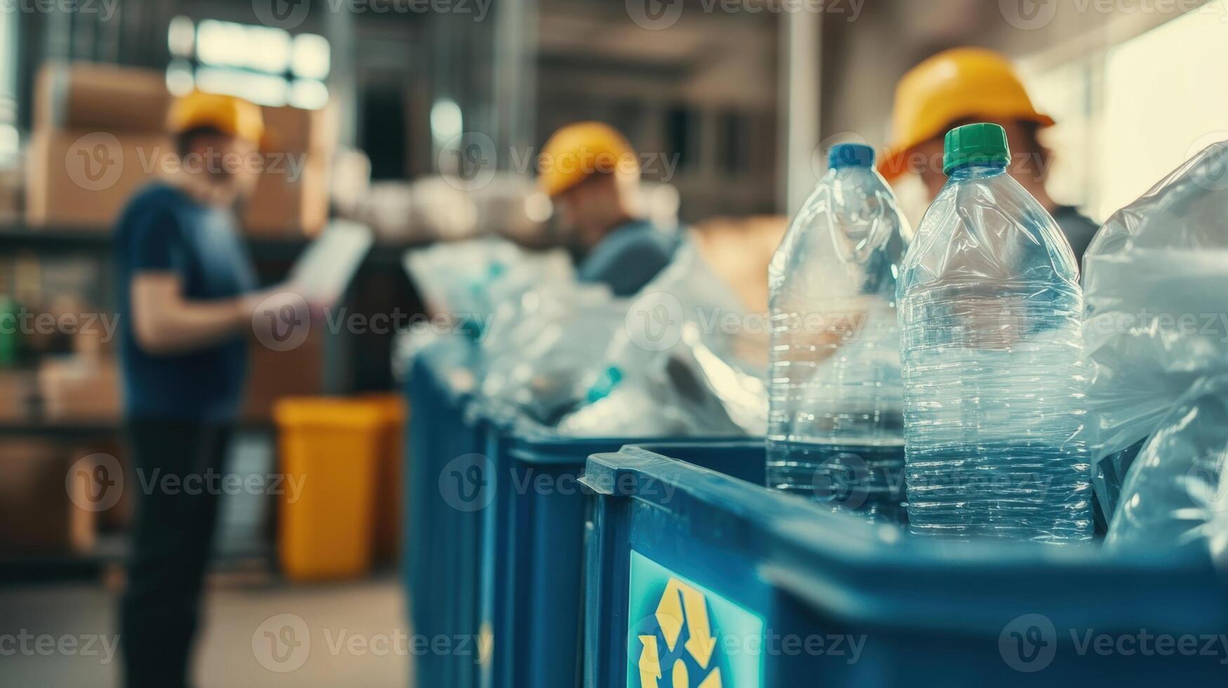 Closeup of a digital display board updating the amount of waste processed and recycled with employees in the background engaging in efficient waste management practices at the recyclin photo
