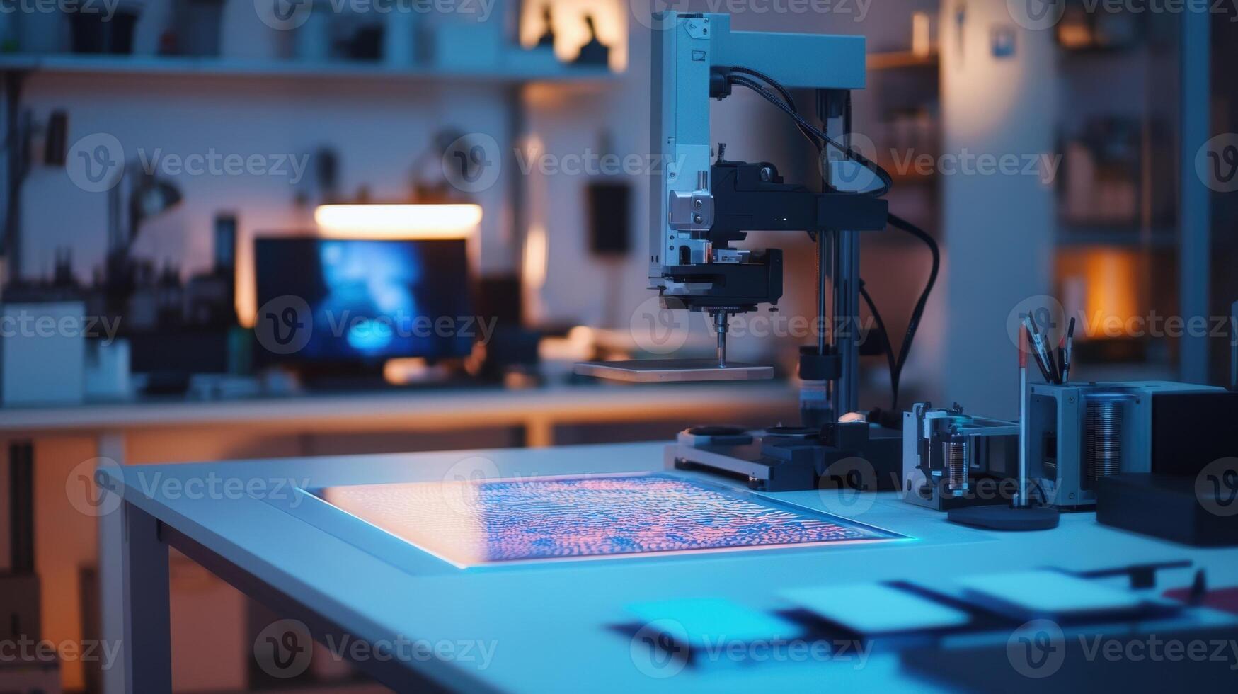 A workspace featuring a small heat press machine used for fabric printing illustrating the creative possibilities available in microfactory setups with reduced costs photo