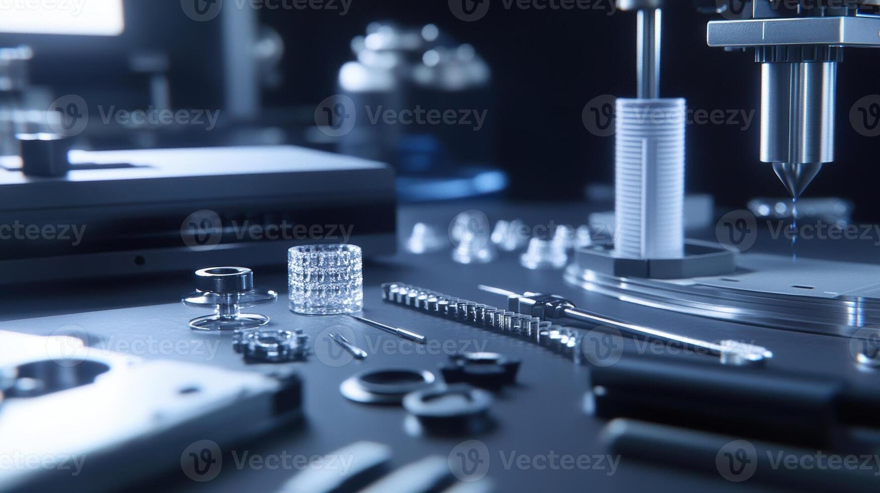 A closeup of a set of precision tools laid out neatly beside a 3D printer illustrating a collaborative innovation environment where rapid prototyping merges with handson craftsmanship photo