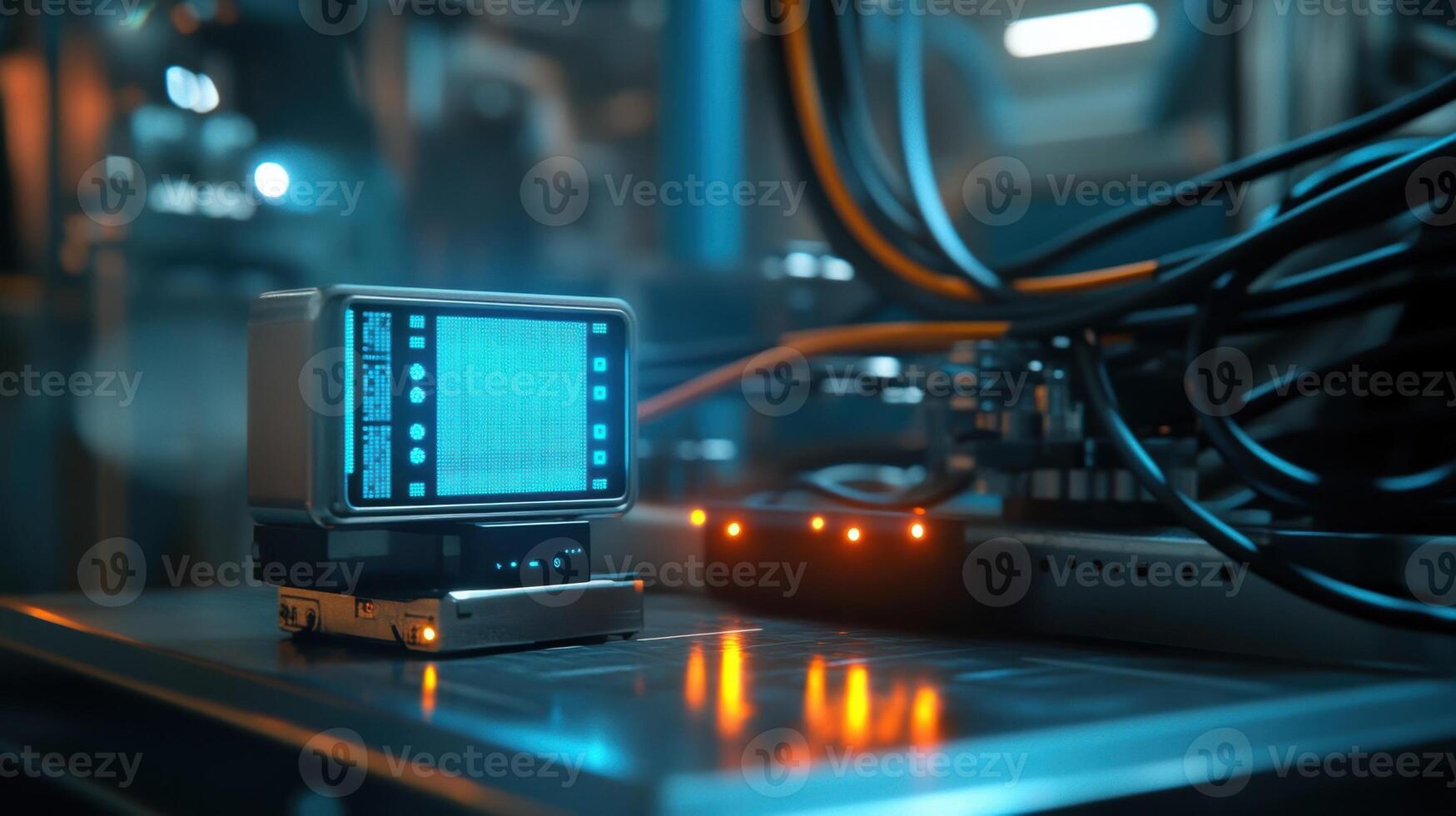 Closeup of an industrial IoT sensor connected to an edge computing device near a factorys robotic assembly line with cables meticulously organized and data streams visible on a smal photo