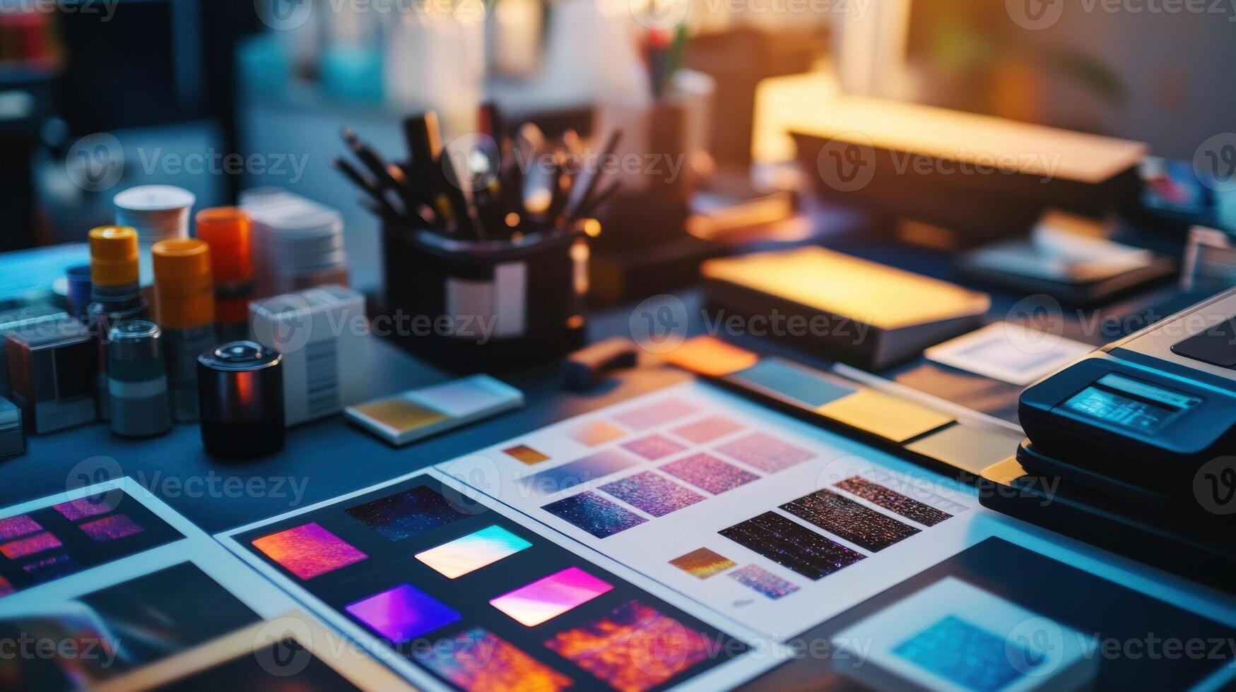 An assortment of custom label designs spread out on a desk in a small packaging studio with a thermal printer actively producing stickers and labels for a customers unique product line photo