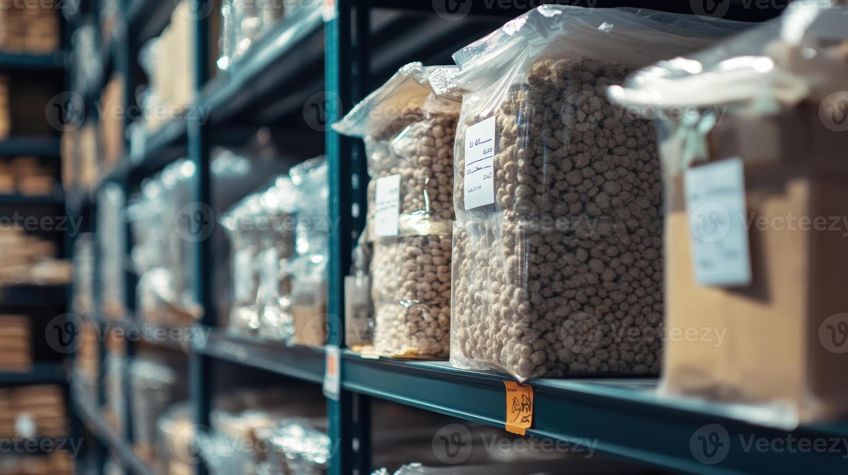 A closeup of raw materials stocked neatly on racks with labels clearly marked illustrating the organized nature of local sourcing and inventory management photo