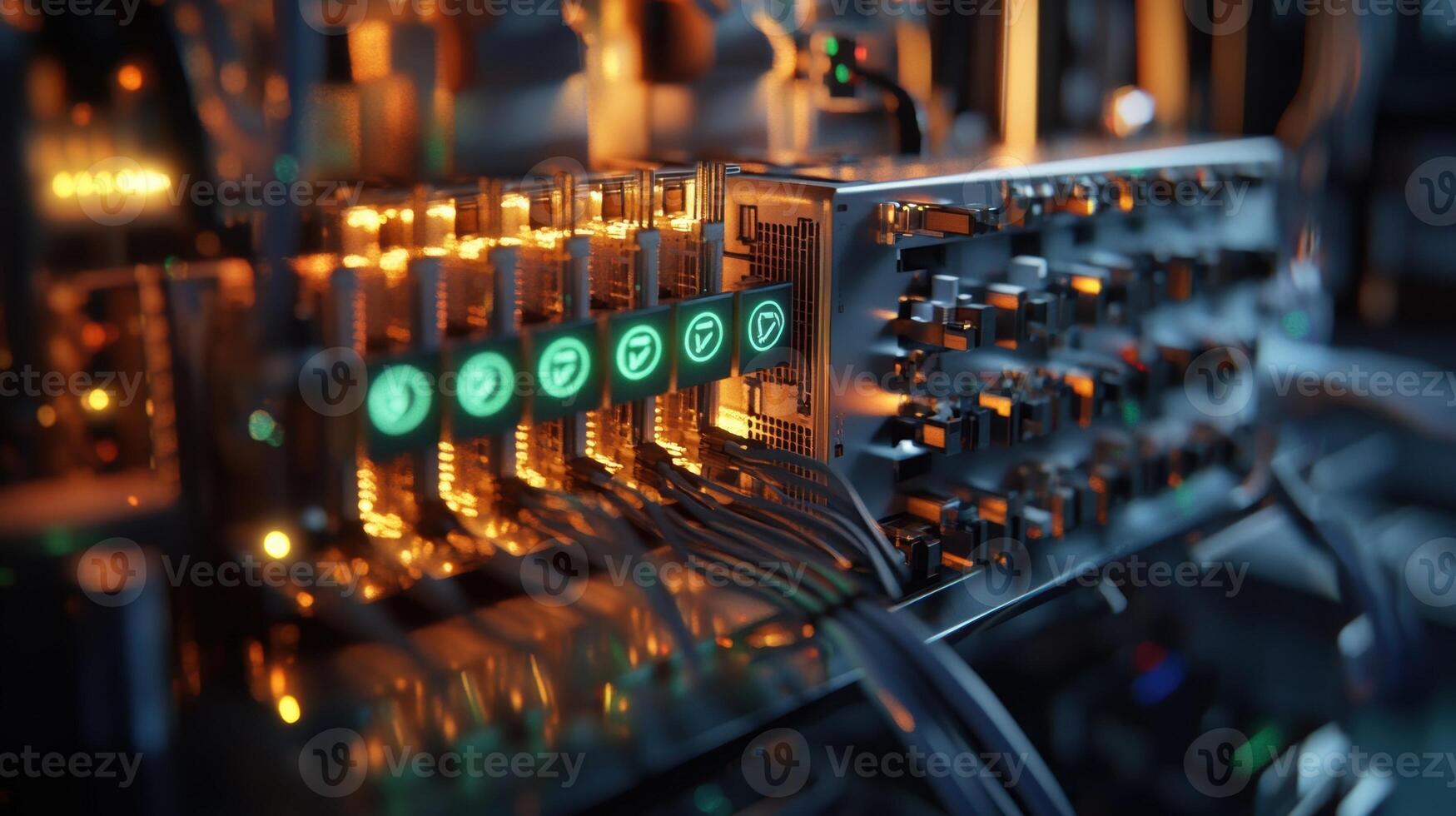 A closeup of a multiport router with 5G indicators showcasing a variety of colored ports and cables set against a backdrop of machinery and equipment photo