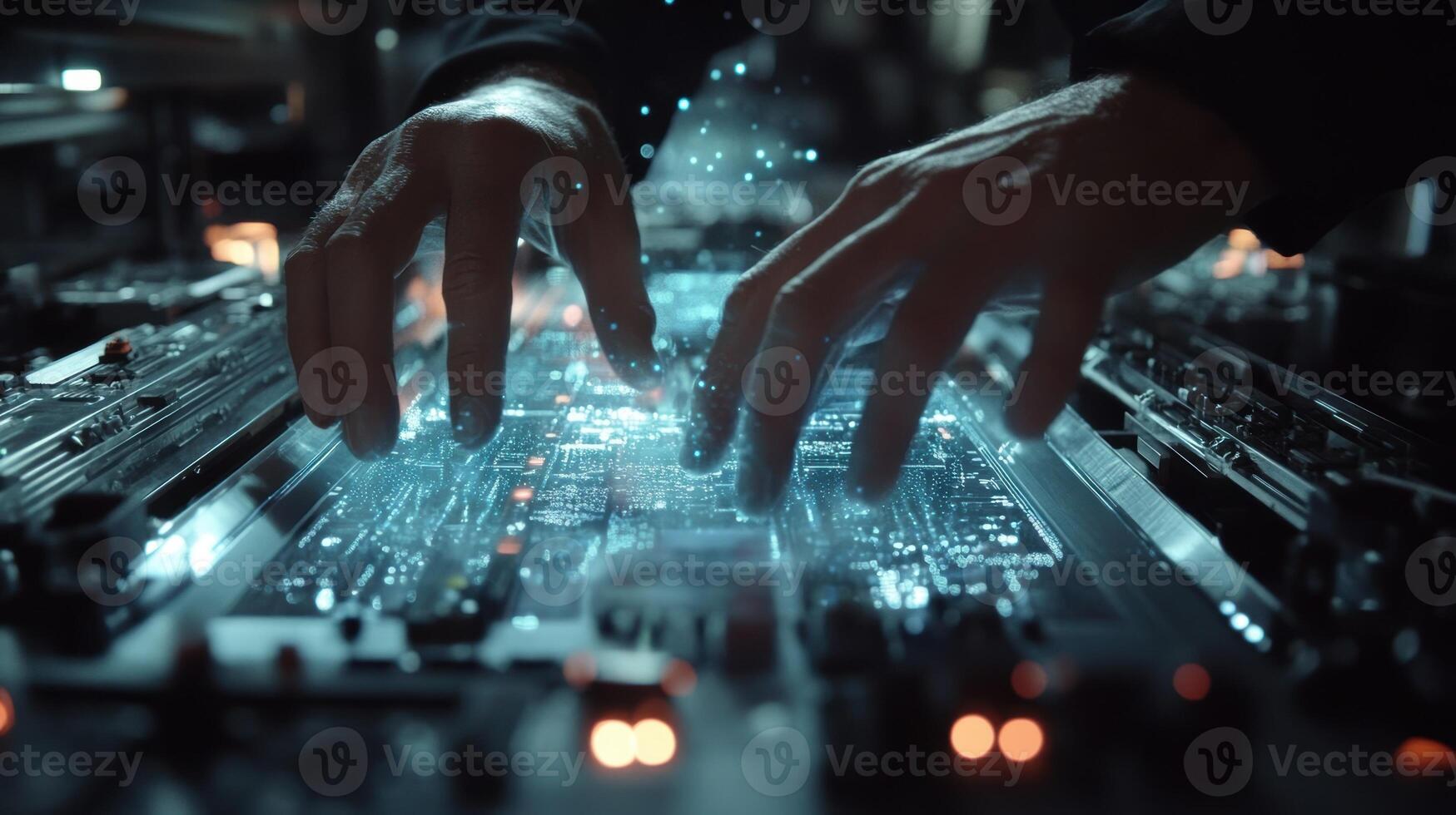 A close look at skilled hands orchestrating the placement of components in an assembly line robot with a backdrop of conveyor belts and flashing lights symbolizing automation and photo