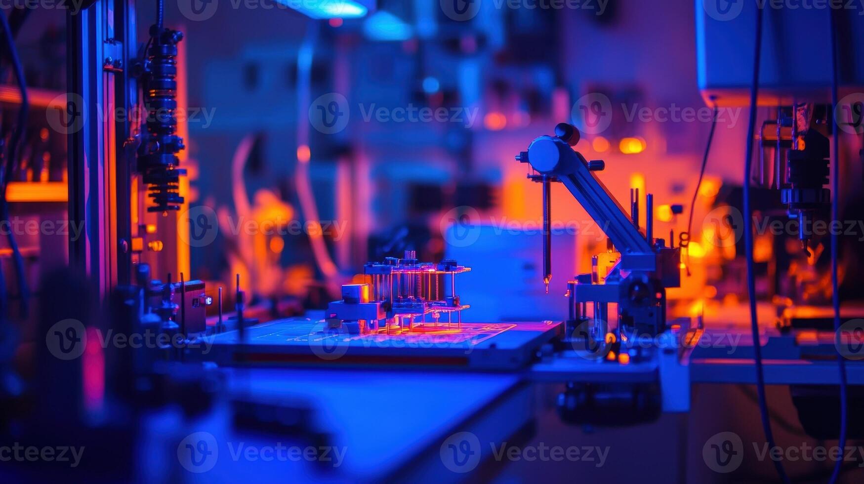 A closeup of a precise 3D printing unit sitting on a workbench crowded with various smallscale tools showcasing the versatility of microfactories in producing intricate designs photo