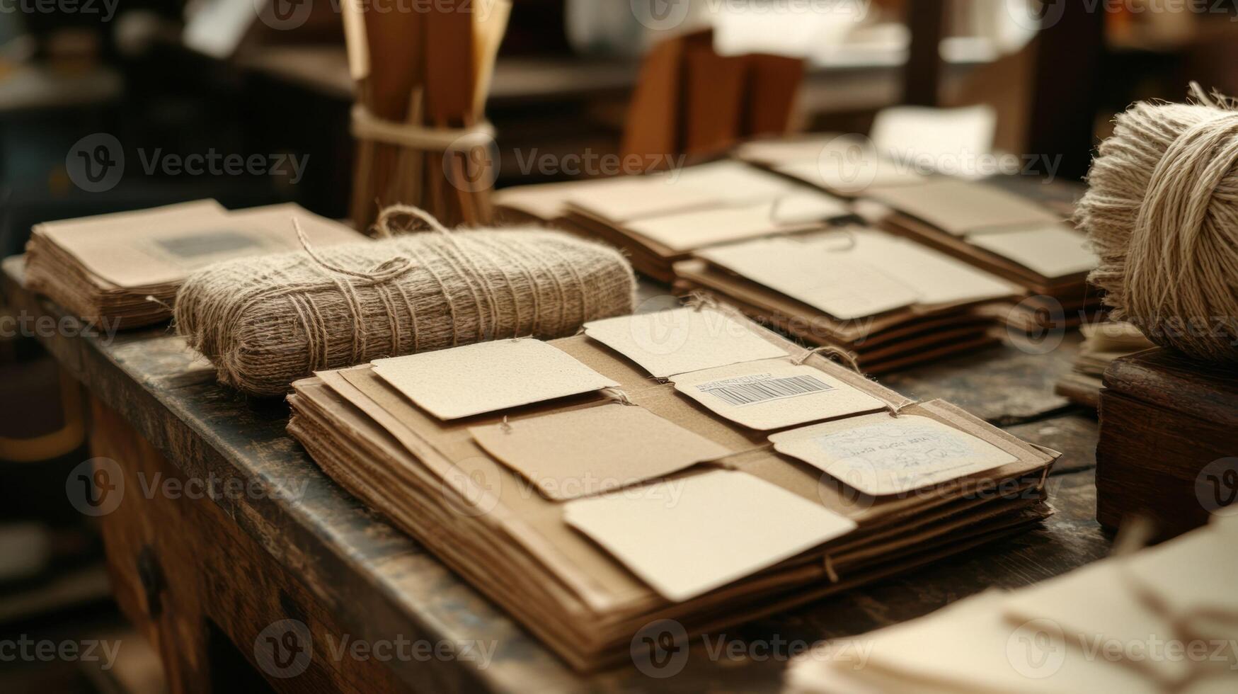A closeup of an array of sustainable labels printed using vegetablebased ink expertly organized on a workstation with textured fabrics and natural twine tered nearby photo
