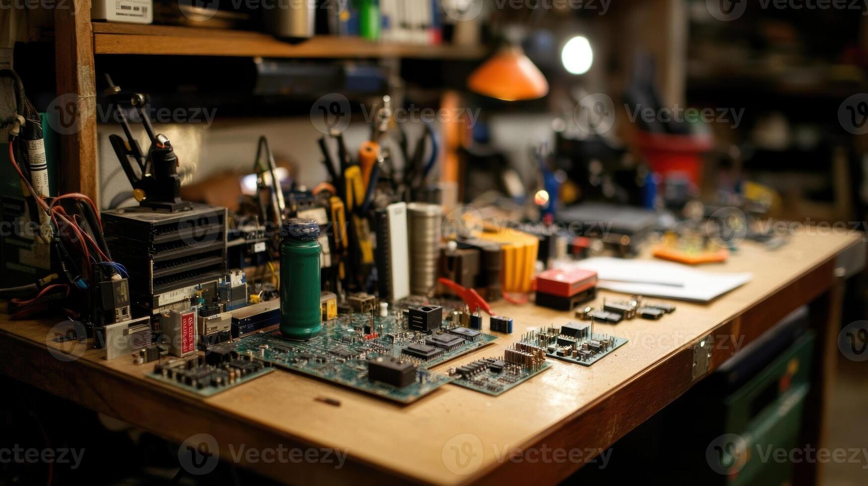 An image featuring a of intricate circuit boards and electronic components laid out on a workbench emphasizing soldering techniques and the technical dexterity necessary for assemblin photo