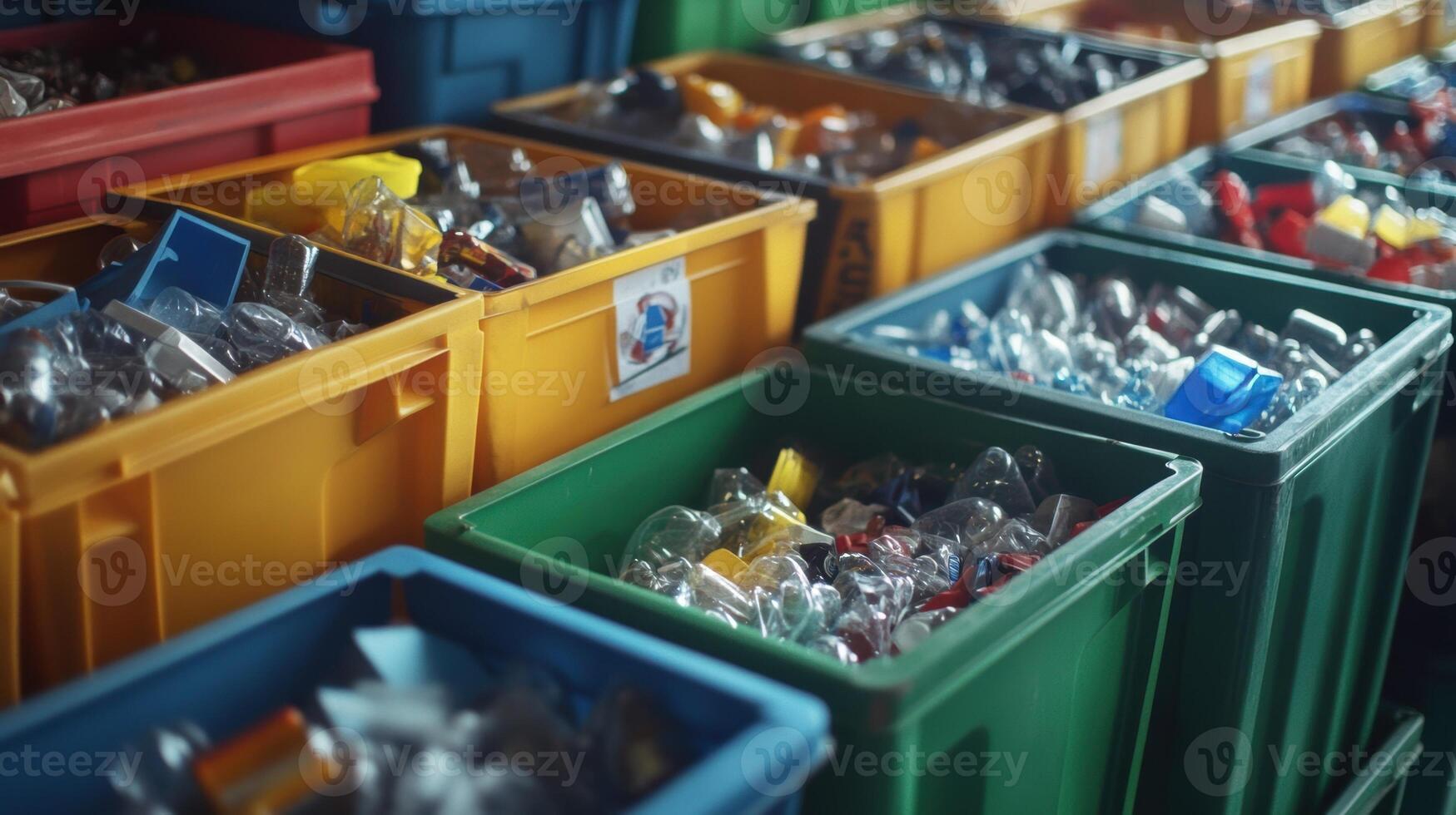 An array of vibrant bins filled with sorted materials like glass metals and plastics with a focus on the crisp labels indicating their intended recycling stream photo