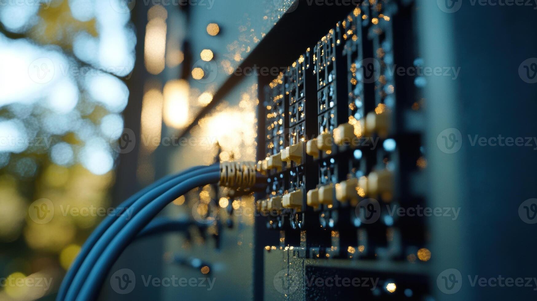 A view focused on the junction box at the edge of a solar panel where cables connect to the electrical system with sunlight filtering through and highlighting the connection photo