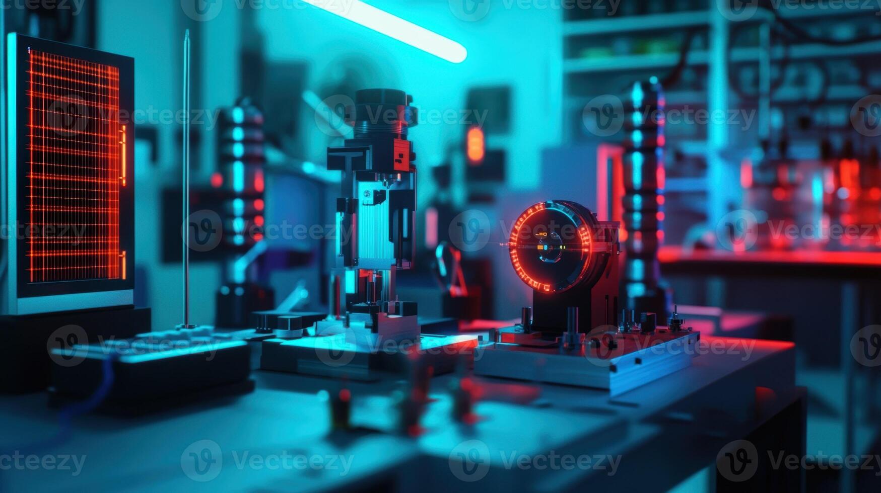 A view of precision measuring tools at a workstation where energymonitoring displays show optimized energy consumption rates as highquality components are being checked photo